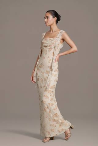 View DB Studio Floral Print Lace Ruffle Sheath Dress in all available color and sizes Picture of Floral Print Lace Ruffle Sheath Dress